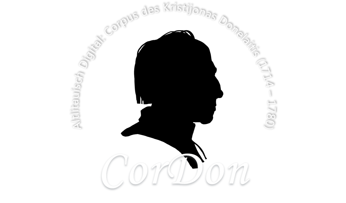 Das Logo des CorDon Projekts - Ein Scherenschnitt des Kristijonas Donelaitis mit der Überschrift: Altlitauisch Digital:Korpus des Kristijonas Donelaitis (1714-1780)