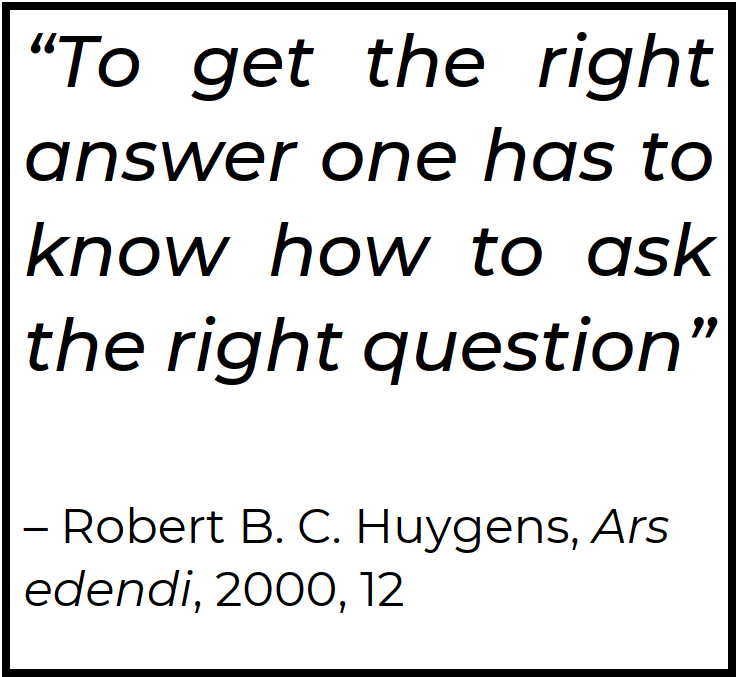 <i>To get the right answer one has to know how to ask the right question</i> (Robert B. C. Huygens, <i>Ars edendi</i>, 2000, 12)
